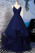 Fluffy Navy Blue Long Prom Dress with Straps and V-Neck GJS012